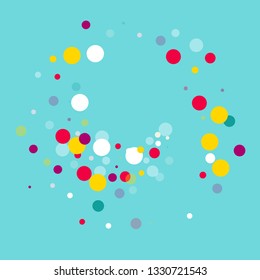 Flying multicolored confetti on a blue background. Red, pink, blue, yellow circles.