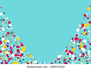Flying multicolored confetti on a blue background. Red, pink, blue, yellow circles.
