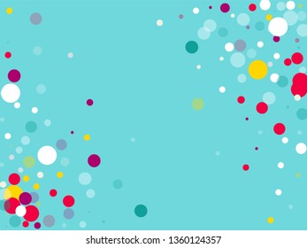 Flying multicolored confetti on a blue background. Red, pink, blue, yellow circles.