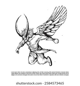 Flying muscular demon with horns and wings vector dark art