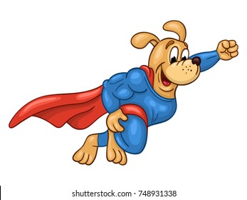 Flying muscular dog in super hero suit on white background