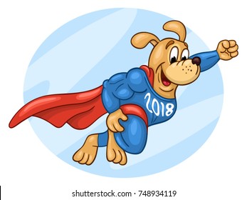 Flying muscular dog in super hero suit with 2018 lettering on his chest. 2018 Chinese New Year of the dog 