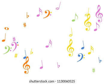 Flying Music Notes Chaos Vector Confetti. Music Symbols Texture Poster Background Elements. Vector Frame, Melody, Dancing Party Night or Festival Showering Notes. Modern Funky Sheets Chaos Texture.