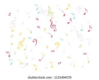 Flying Music Notes Chaos Vector Confetti. Textured Music Symbols Poster Background Elements. Party Night, Festival, Melody Notes Trail, Celebration or Concert. Decorative Sheets Chaos Pattern.