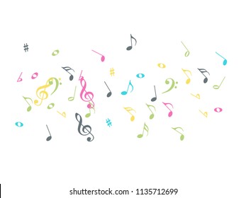 Flying Music Notes Chaos Vector Confetti. Nice Poster Background Elements with Music Symbols. Party Night, Festival, Melody Notes Trail, Celebration or Concert. Decorative Sheets Chaos Icons.