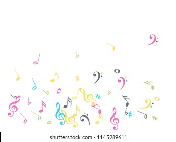 Flying Music Notes Chaos Vector Confetti. Music Symbols Texture Poster Background Elements. Vector Border, Melody Trail, Dancing Party Night or Concert Notes. Decorative Sheets Chaos Texture.