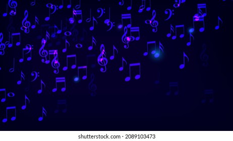 Billetes de música voladora y signos de neón tribles clef . Melodía, música clásica, diseño de sonido. Señal de neón brillante nocturna, carteles coloridos, banner de luz. Ilustración vectorial al estilo neón.