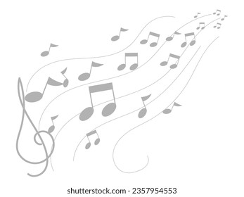 flying musical note logo and background image with cool silhouette keys and stave lines for music cover design or pop music concert poster