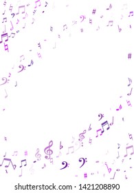 flying musical notes isolated on white backdrop. Magenta musical notation symphony signs, notes for sound and tune music. Vector symbols for melody recording, prints and back layers.