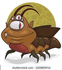 Flying mutant cockroach with hairy legs, segmented body, ears, a lot of eyes, smiling with its fang but it is a friendly goblin.