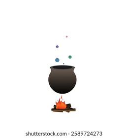 Flying mystical cauldron with bubbles over fire