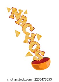 Flying nachos with sauce. Mexican national food. Traditional mexican cuisine illustration. Fast food. Street food drawing. Best for restaurant menu and package design. Vector illustration.