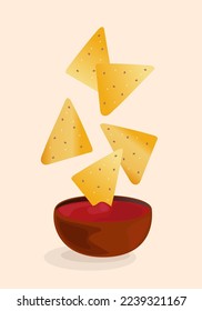 Flying nachos with sauce. Mexican national food. Traditional mexican cuisine illustration. Fast food. Street food drawing. Best for restaurant menu and package design. Vector illustration.