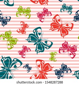Flying natural butterfly silhouettes over horizontal stripes vector seamless pattern. Vintage textile print design. Stripes and butterfly garden insect silhouettes seamless pattern.