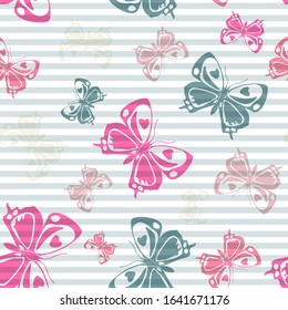 Flying natural butterfly silhouettes over horizontal stripes vector seamless pattern. Cartoon textile print design. Stripes and butterfly winged insect silhouettes seamless wallpaper.