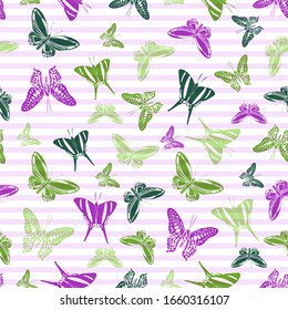 Flying natural butterfly silhouettes over horizontal stripes vector seamless pattern. Baby clothing fabric print design. Lines and butterfly garden insect silhouettes seamless wallpaper.