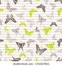 Flying natural butterfly silhouettes over horizontal stripes vector seamless pattern. Childish fashion fabric print design. Lines and butterfly garden insect silhouettes seamless pattern.
