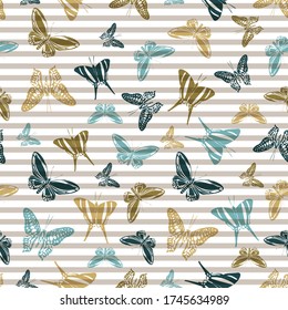 Flying natural butterfly silhouettes over horizontal stripes vector seamless pattern. Baby clothing textile print design. Stripes and butterfly winged insect silhouettes seamless pattern.