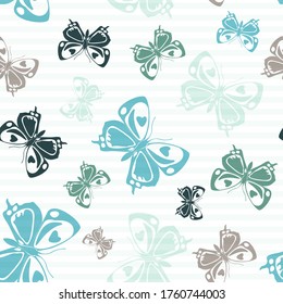 Flying natural butterfly silhouettes over striped background vector seamless pattern. Kids fashion fabric print design. Stripes and butterfly garden insect silhouettes seamless wallpaper.