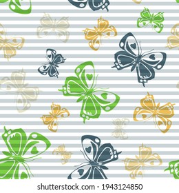 Flying natural butterfly silhouettes over horizontal stripes vector seamless pattern. Cartoon fabric print design. Lines and butterfly winged insect silhouettes seamless pattern.