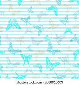Flying natural butterfly silhouettes over striped background vector seamless pattern. Girlish fashion textile print design. Stripes and butterfly garden insect silhouettes seamless design.