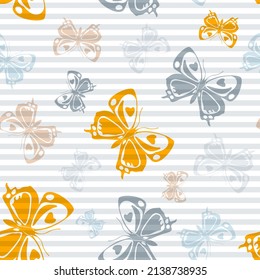 Flying natural butterfly silhouettes over striped background vector seamless pattern. Baby clothing textile print design. Stripes and butterfly winged insect silhouettes seamless design.