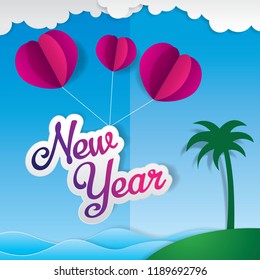 Flying new year love origami paper art vector illustration