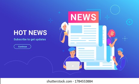 Flying newspaper as a notification of latest updates for world, entertainment and politics . Vector illustration of people using smartphone and laptop for reading daily breaking news and top stories