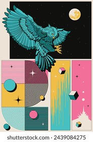 Flying Night Owl Abstract Style Poster. 1980s Colors, Geometric Shapes 