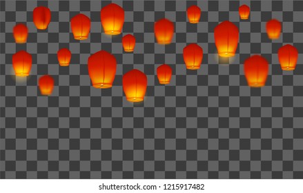 Flying at night sky lanterns isolated on transparent background, vector illustration. Indian paper lantern lights with flame. 