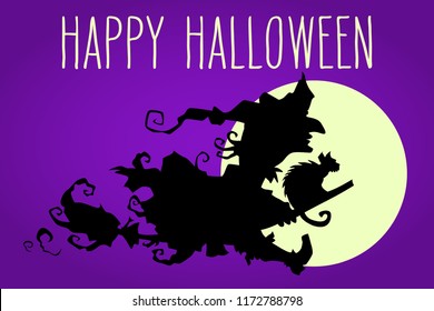 Flying night witch against the moon hand drawn Halloween celebration greeting card. Holiday lettering vector illustration.