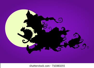 Flying night witch against the moon. Hand drawn Halloween celebration design element symbol. Vector illustration in purple and black.