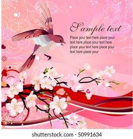 Flying nightingale and blossoming tree
