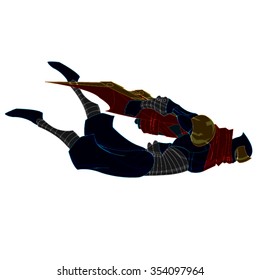 Flying Ninja Samurai with Red, Yellow and Blue Cartoon Vector