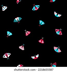 Flying nocturnal, night moths, tiny cute butterflies seamless repeat vector pattern. Simple vector flat illustration on black background. Wrapping paper, textile design.