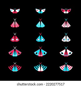 Flying nocturnal, night moths, tiny cute butterflies vector set, collection. Simple blue, white and pink vector flat illustrations on black background. Graphic design elements.