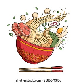 flying noodle or ramen with colorful hand drawing style. asian noodle with chopstick on white background