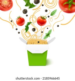 Flying noodles box. Realistic cardboard asian fast food container with pasta, tomatoes, basil and pepper, takeaway wok, blank packaging, 3d isolated elements falling, utter vector concept