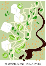 Flying noodles vector illustration - Tofu, sesame seeds, chive, green onion, soy sauce