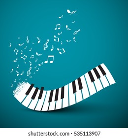 Flying Notes With Abstract Piano Keyboard. Music Vector Background.