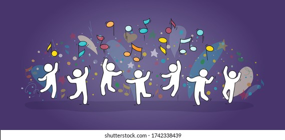 Flying notes with dancing little people. Doodle cute miniature of teamwork and musical symbols. Hand drawn cartoon vector illustration