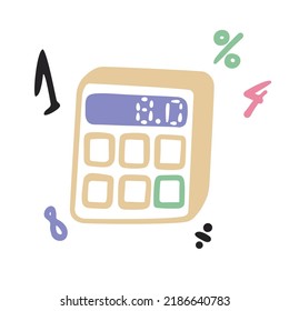 Flying numbers calculator, math, counting, accounting, school. Illustration in vector cute doodle cartoon style.