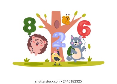 Flying numbers concept with character scene in flat cartoon design. Forest animals, a hedgehog, a wolf and a bird, hold number balloons on the way to school. Vector illustration.