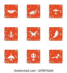 Flying object icons set. Grunge set of 9 flying object vector icons for web isolated on white background