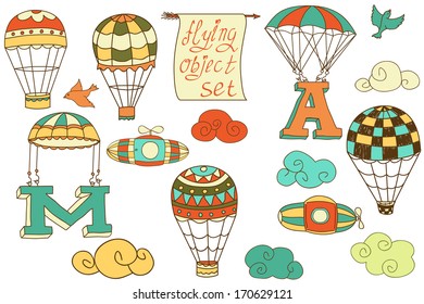 flying objects set with hot air balloons, parachute, airships, clouds, birds, letters A and M, colored in white or transparent background, vintage hand-drawn icons 