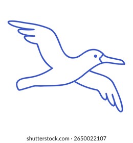 Flying ocean bird in marine blue line art style. Hand drawn marine icon. Outline vector isolated illustration
