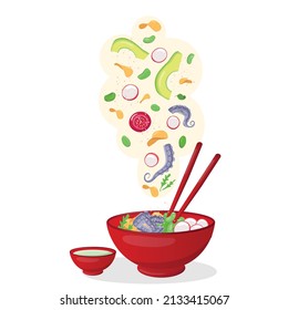 Flying octopus poke bowl illustration Hawaiian cuisine with sauce boat and chopsticks. Vector stock illustration isolated on white background for fast food restaurant with healthy, bio, meals. EPS10