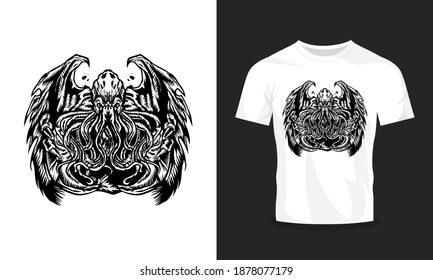 flying octopus t-shirt design illustration.