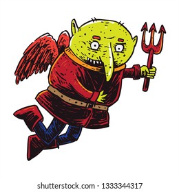 flying old cute fat devil with metal fork hand drawing illustration line art full color