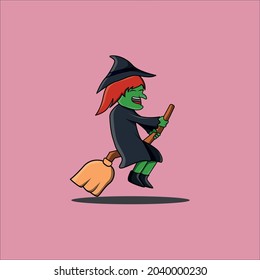Flying old witch with broom with smile face vector character illustration